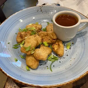 Chicken Vegan BBQ "Chicken" Bites with korean BBQ Sauce on the side.