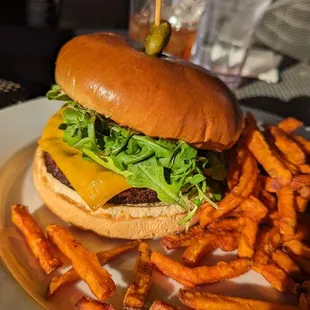 Veggie burger and sweet potato fries!