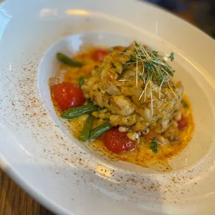 Crab cake with corn and string beans