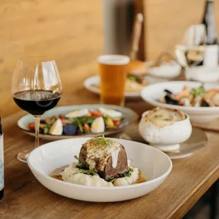 a table of food and wine