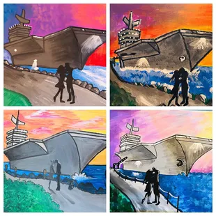 four different scenes of a ship