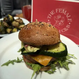 Veggie Burger with side of Brussels Sprouts (gf) (ve)