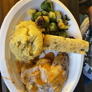 Peri Peri Chicken Plate (gf) Garlic Mashed Potatoes (gf) (v) Brussels Sprouts (gf) (ve)