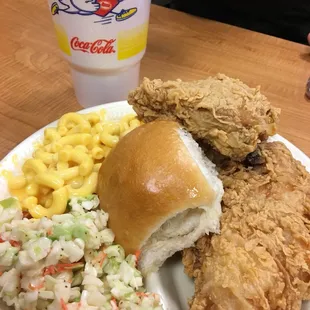 fried chicken, macaroni, and coleslaw