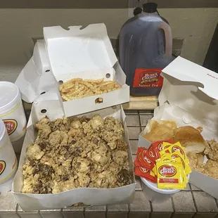 Chicken strips, rolls, gravy, sweet tea, French fries, livers and gizzards