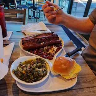 Sausage, beans n rice with highly recommended collards.