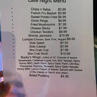 Late night menu