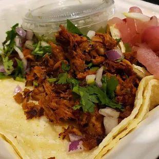 Vegan chicken street taco ($5 each). Good, but jackfruit chicken was a little dry.