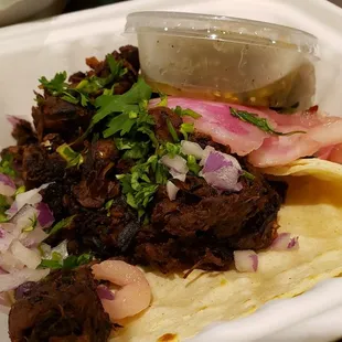 Vegan beef street taco ($5 each). Well done. Tasty &amp; nicely seasoned jackfruit beef from Herbivorous Butcher.