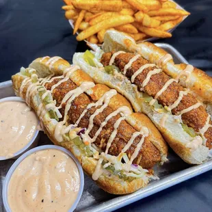 two hot dogs and french fries