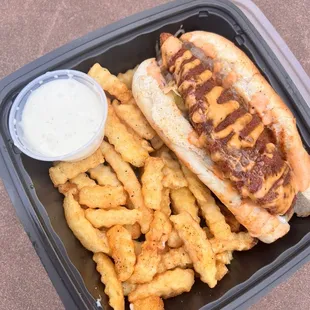 #2 Single Bun, 1 sandwich served with 1 tender, Cole slaw, pickles, bussin sauce and a side of fries. I added a ranch for .69 cents extra.