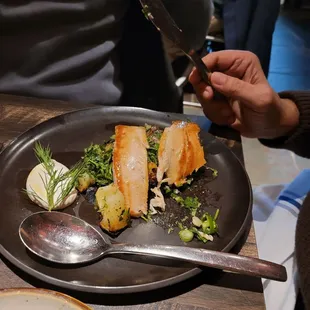 Smoked trout with greens, dill, and taboon  potato