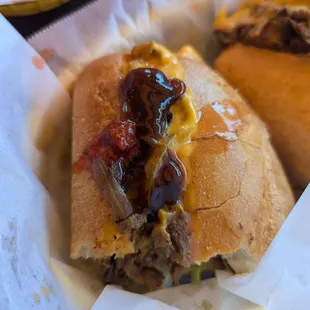 Mushroom cheese steak sandwich with cheese whiz and Louisiana hot sauce