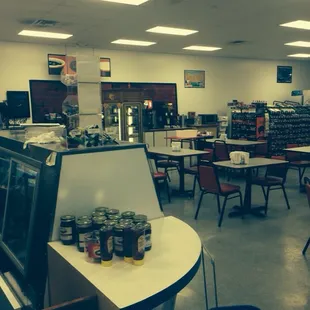 A shot of the seating area after you order your sandwich