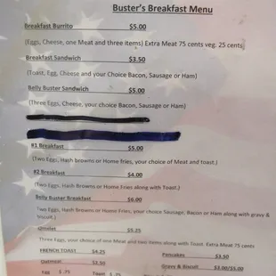 Breakfast menu. A bit stained.