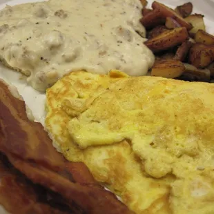 Belly Buster Breakfast is eggs, meat, potato, and Biscuit &amp; gravy. #UpCloseSavor
