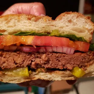 Interior of vegan burger ($13). Just a Beyond patty on ciabatta. Nothing special.