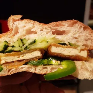 Interior of vegan banh mi ($10). Good peanut sauce. Tasty on a whole.