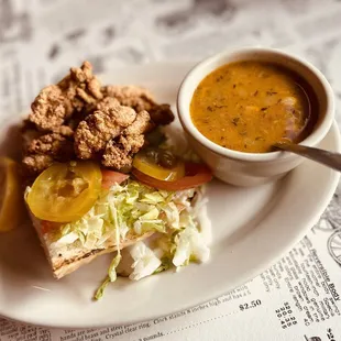 Half Fried Oyster Po Boy &amp; Crab and Corn Bisque