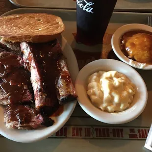 Dinner Combo. Beef Brisket, Spare Ribs, Mashed Potatoes with Gravy, and Mac n Cheese