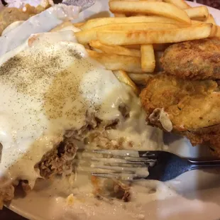 Chicken fried steak, fries, fried zucchini