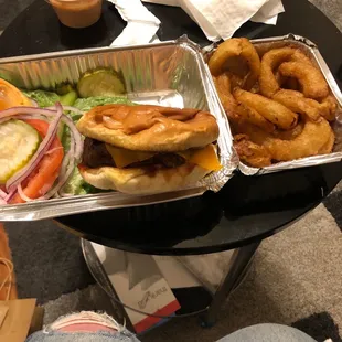 Stuffed burger and onion rings