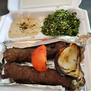 Kufta Kabob plate with Hummus and Tabouli