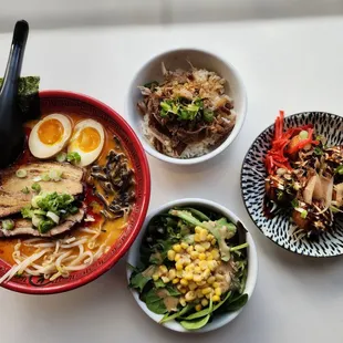 Butaton Ramen + Lunch Special (Small Beef Rice Bowl and Green Salad) and Takoyaki