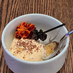 Vanilla Ice Cream, Chocolate Shavings, Luxardo Cherries, edible flower