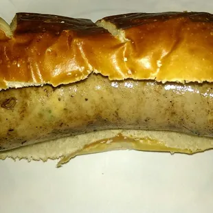 The tasty jalapeño blue cheese brat on a fresh pretzel bun, bun is from Sendiks bakery dept.