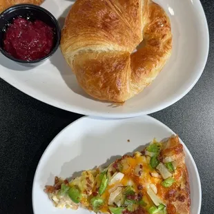 Breakfast pizza, croissants