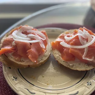 Smoked salmon, on bagel w cream cheese and Visalia onion.