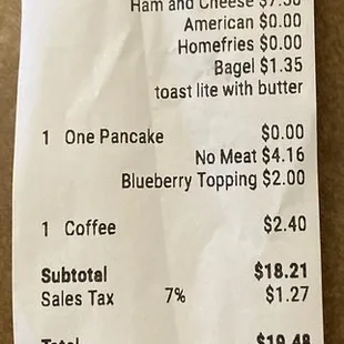 a receipt for a restaurant