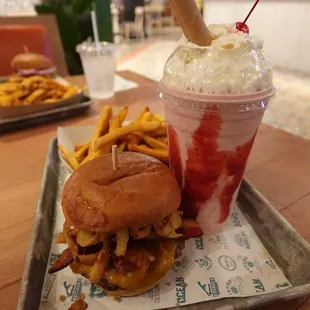 BBQ Bacon Cheeseburger and a Strawberry Milkshake