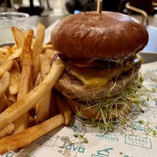 Turkey bacon burger with fries