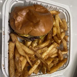 cheeseburger and fries