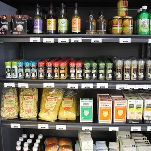 Shelf goods like BBQ sauces, pasta, spices and more.