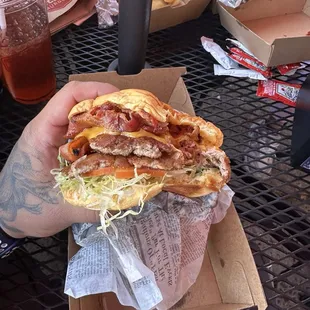 Double Steak Classic no onion no pickles with cheddar cheese and bacon