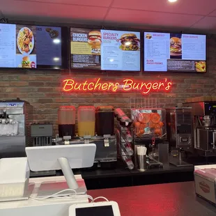 Order area. Butchers burgers is just what we needed. Everything you can think of made just right