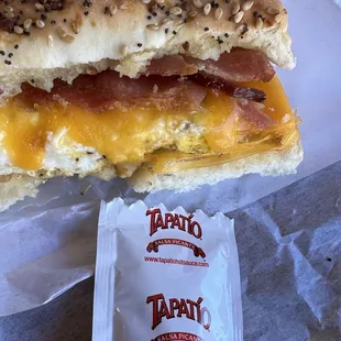 Everything bagel with egg/cheese/bacon