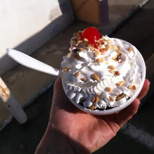 a hand holding an ice cream sundae