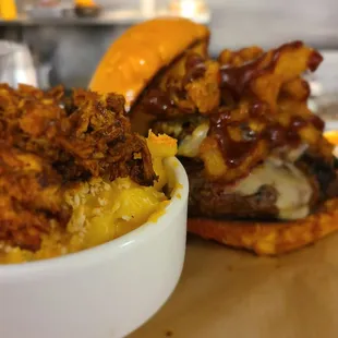 N'at burger with a side of brew house mac