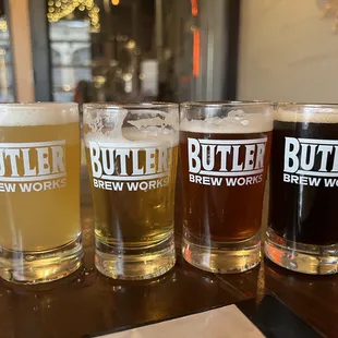a row of beer glasses