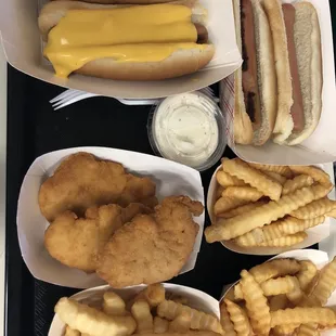 Cheese dogs , plain and chicken &amp; fries