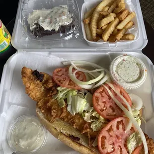 Giant fish sandwich, fries without that orange sauce - wish it was there, best brownie this side of Butler.