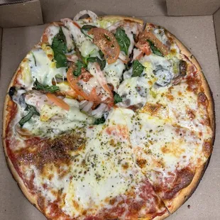 Half Veggie half Cheese pizza