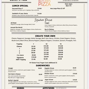 Butler's Pizza Menu