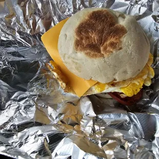 Smoked sausage breakfast sandwich made to order.