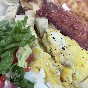 Eggs, bacon, banana pancakes