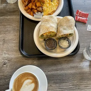 Breakfast burrito and omelette. Customized coffee to taste like cafe de olla